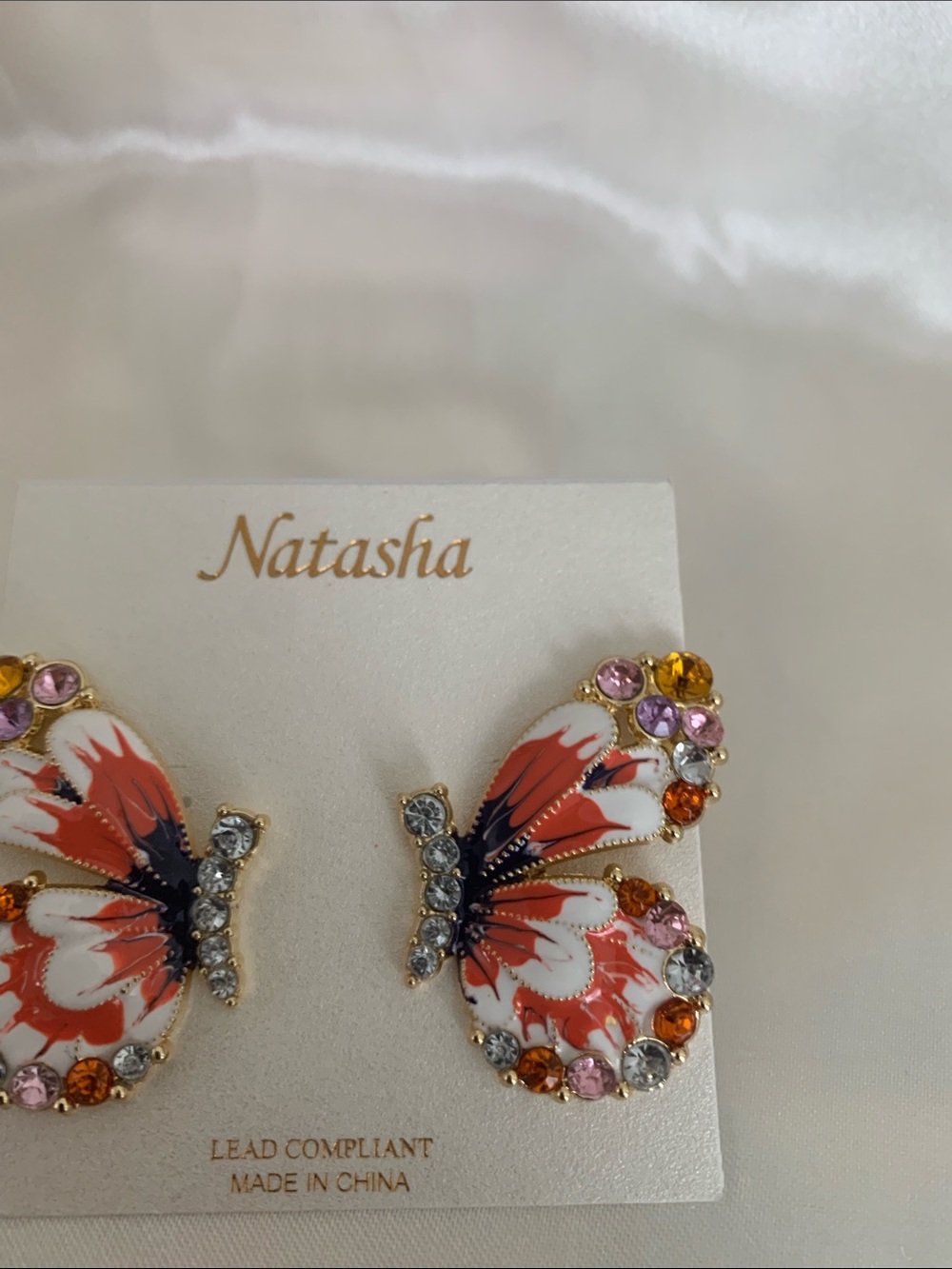 Natasha Couture Orange, White & Pink Butterfly Crystal Earrings - Picture 8 of 8